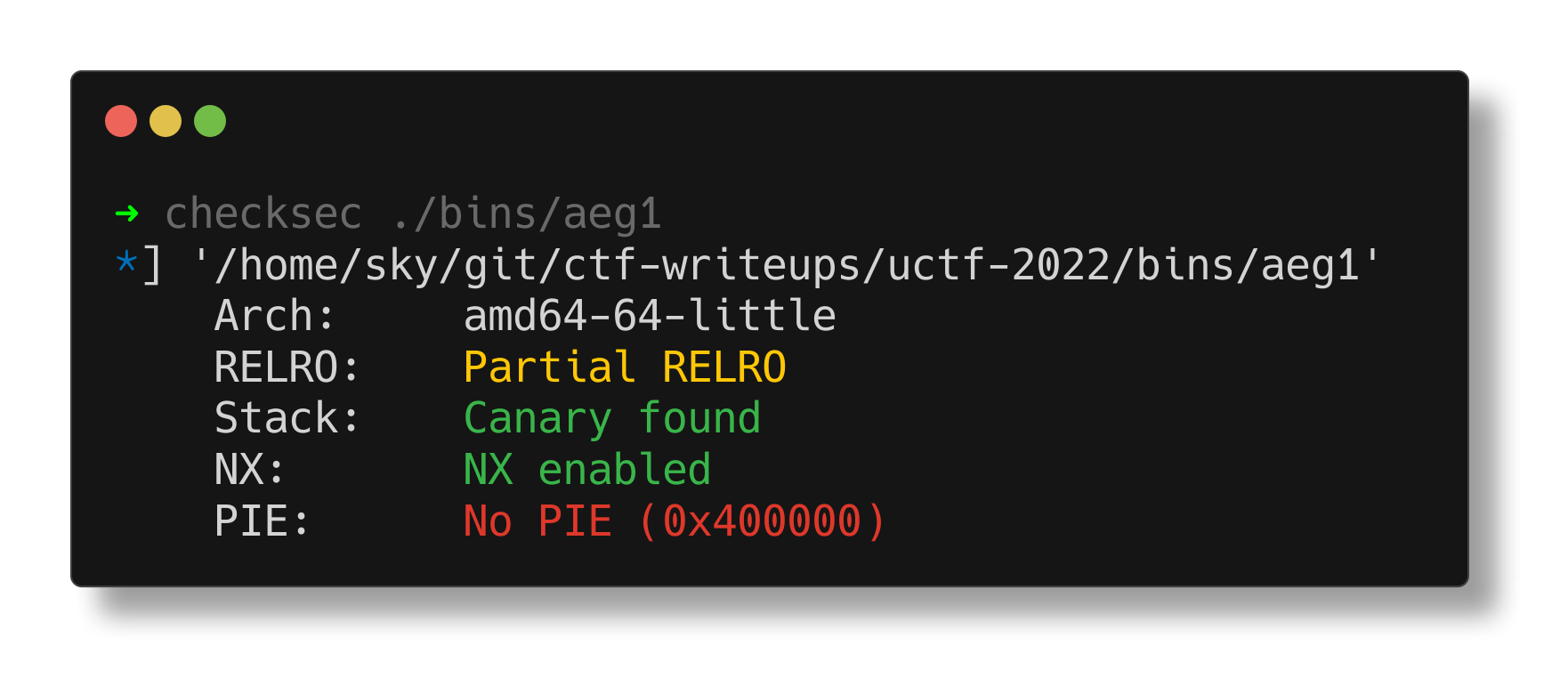 checksec of an aeg binary; no PIE