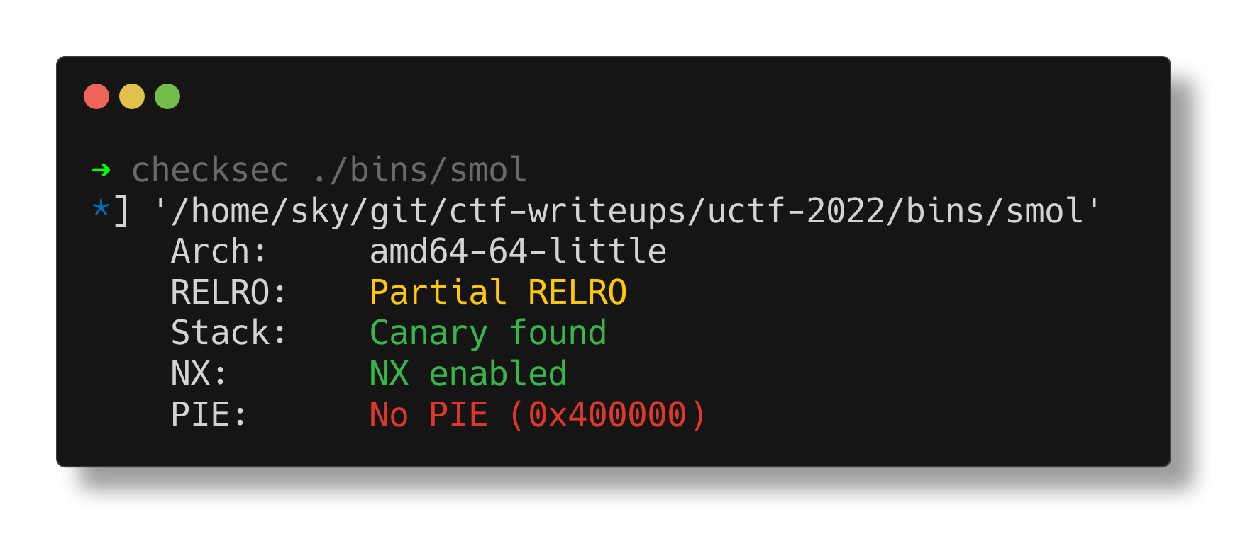 checksec of smol; no PIE but it has a canary